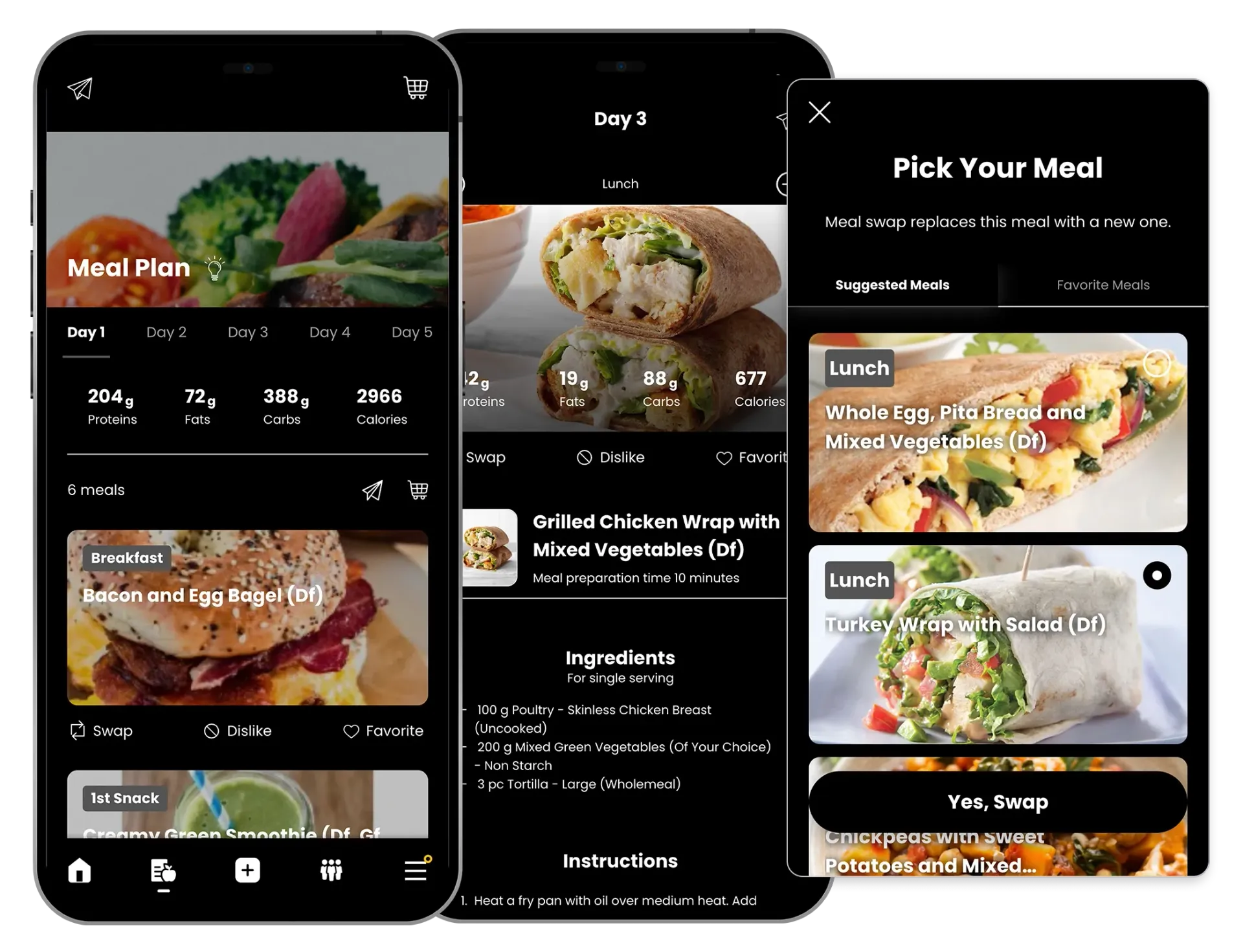 Three smartphone screens showing a meal plan app with meal photos and recipe options.