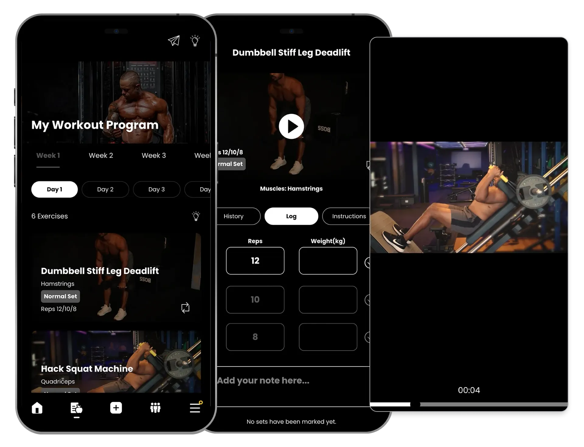 Three dark mobile app screens showing a workout dashboard and a video player interface