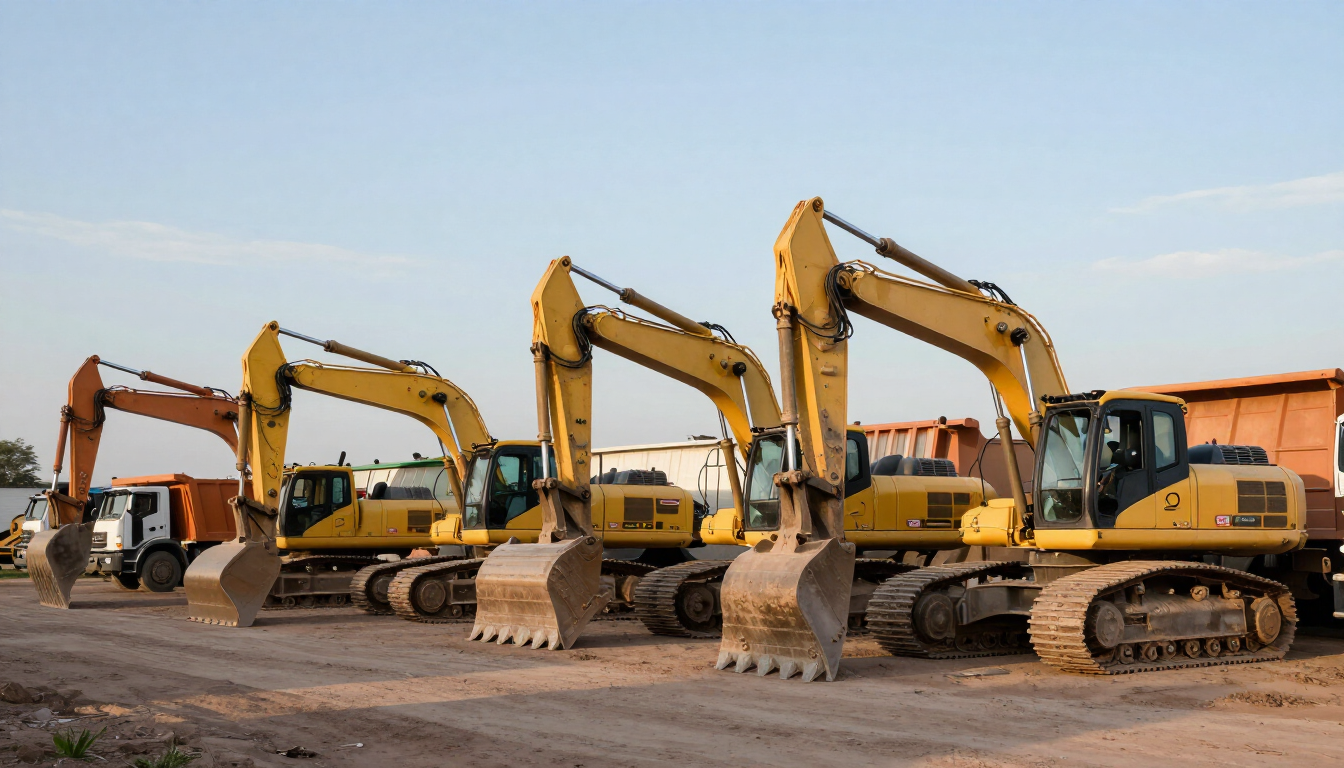 Fila de excavadoras amarillas estacionadas en una obra al atardecer.