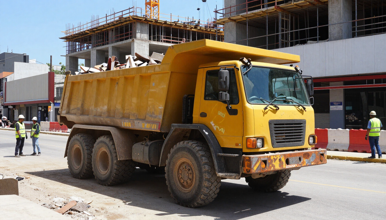 Camión volquete amarillo en una obra en construcción con trabajadores y un edificio en construcción al fondo.