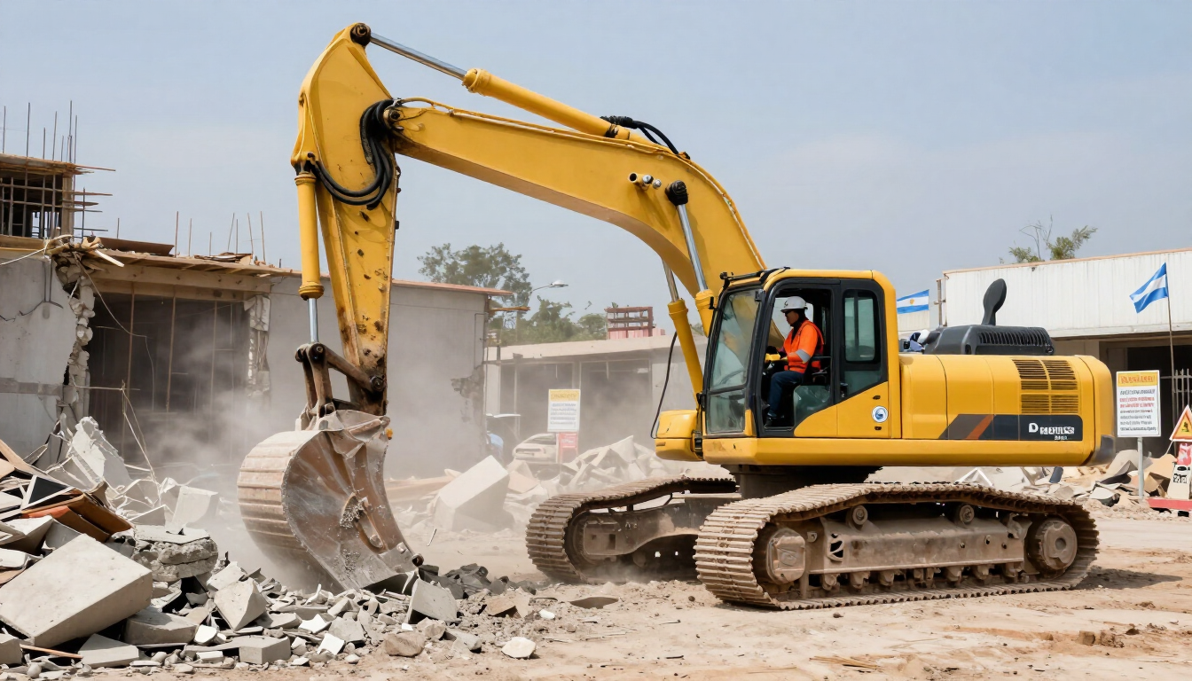 Una excavadora amarilla demuele escombros en una obra en construcción, con polvo y un edificio parcialmente derrumbado cerca.