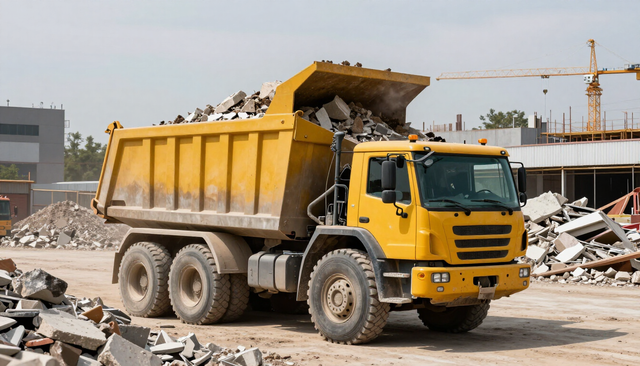 Camión volquete amarillo en un sitio de escombros de construcción, cargado con escombros debajo de una plataforma elevada.