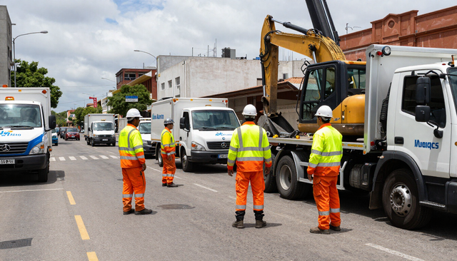 Un equipo de trabajadores viales, ataviados con trajes de seguridad de color naranja y amarillo
