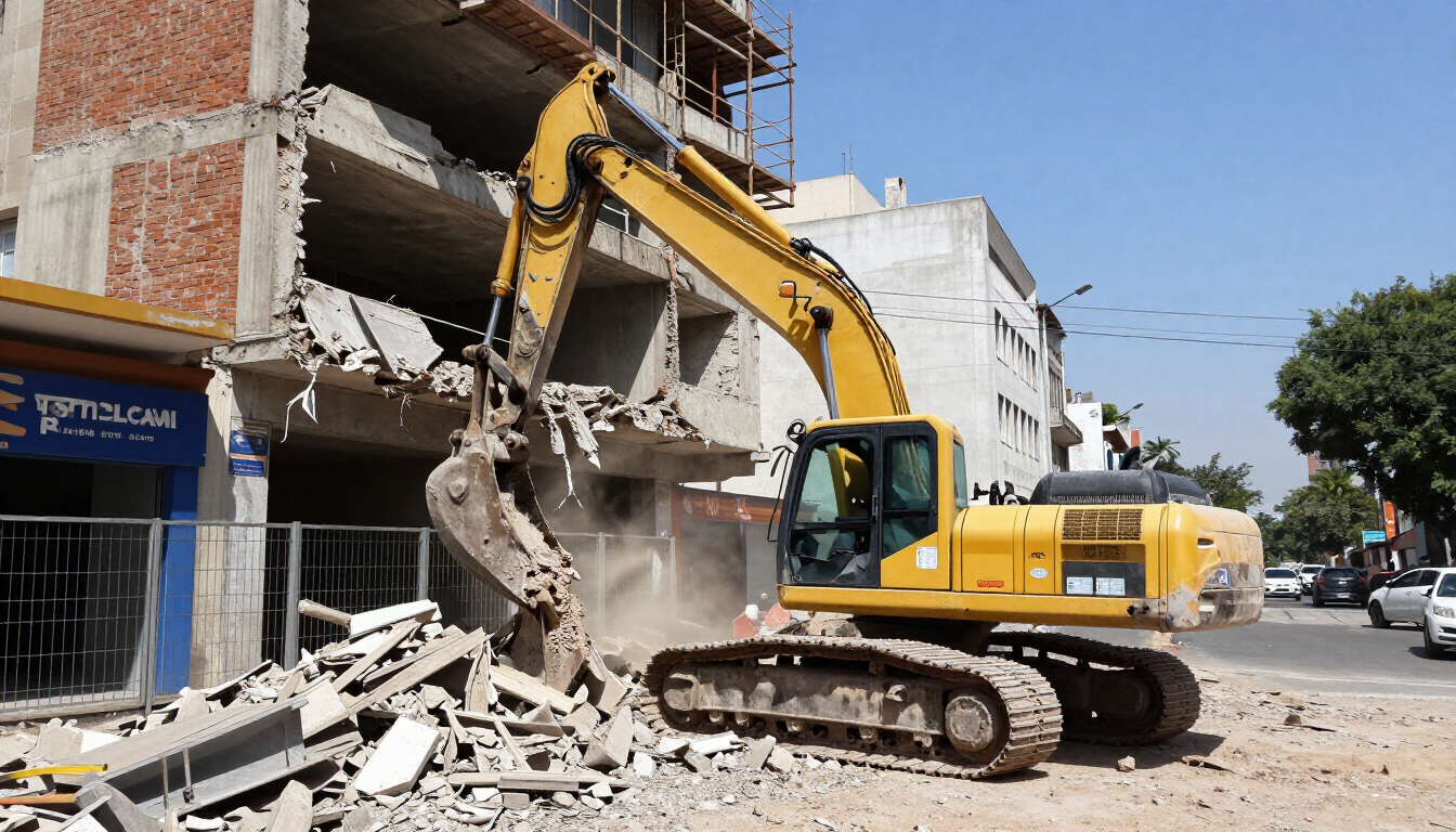 Una excavadora amarilla demuele un edificio dañado entre los escombros en una calle de la ciudad.