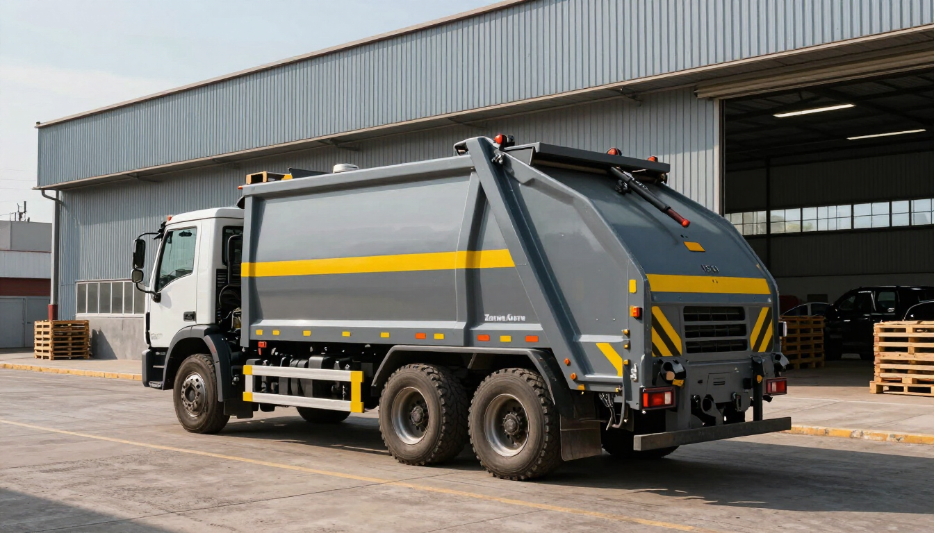 Camión de basura gris con franjas amarillas estacionado junto a un almacén industrial.
