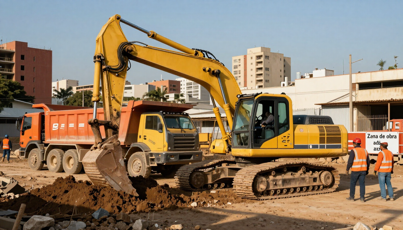Una excavadora amarilla carga tierra en un camión volquete naranja en una obra de construcción, con trabajadores cerca.
