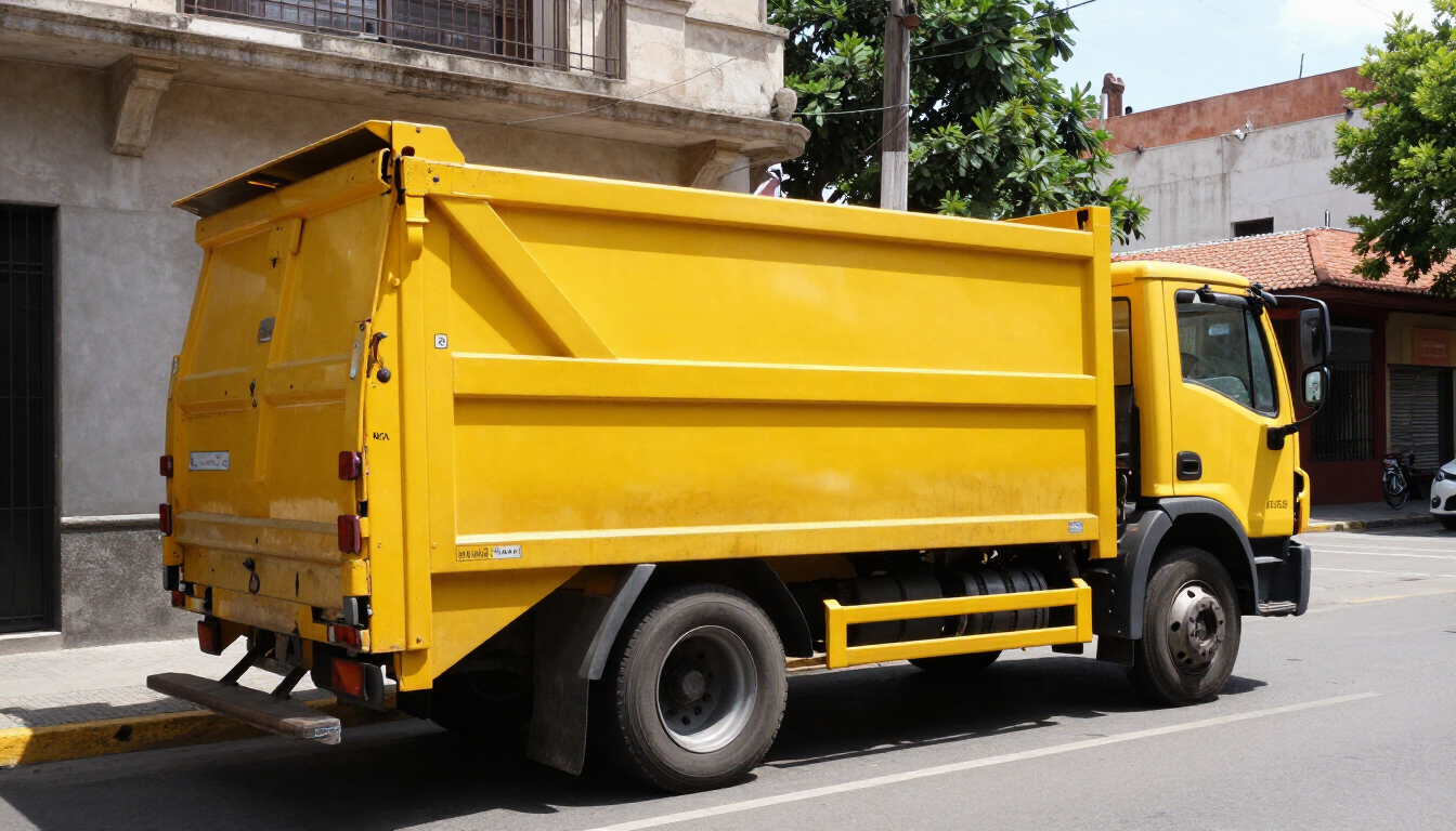 Camión volquete amarillo estacionado en una calle junto a un edificio.