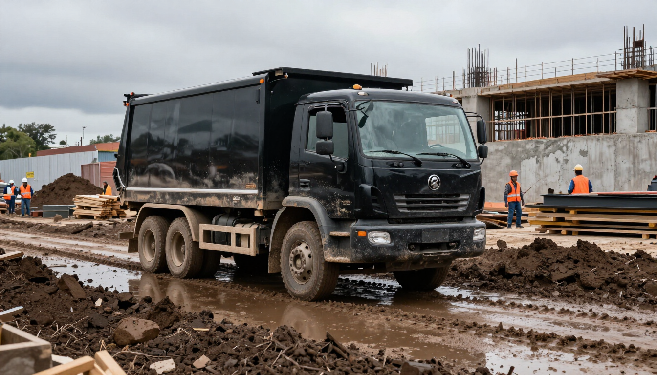 Un camión volquete negro circula por una zona de construcción embarrada junto a un edificio en construcción.