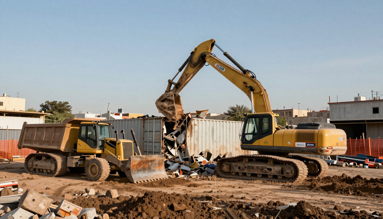 Excavadoras y un camión volquete demoliendo una estructura en una polvorienta obra en construcción.