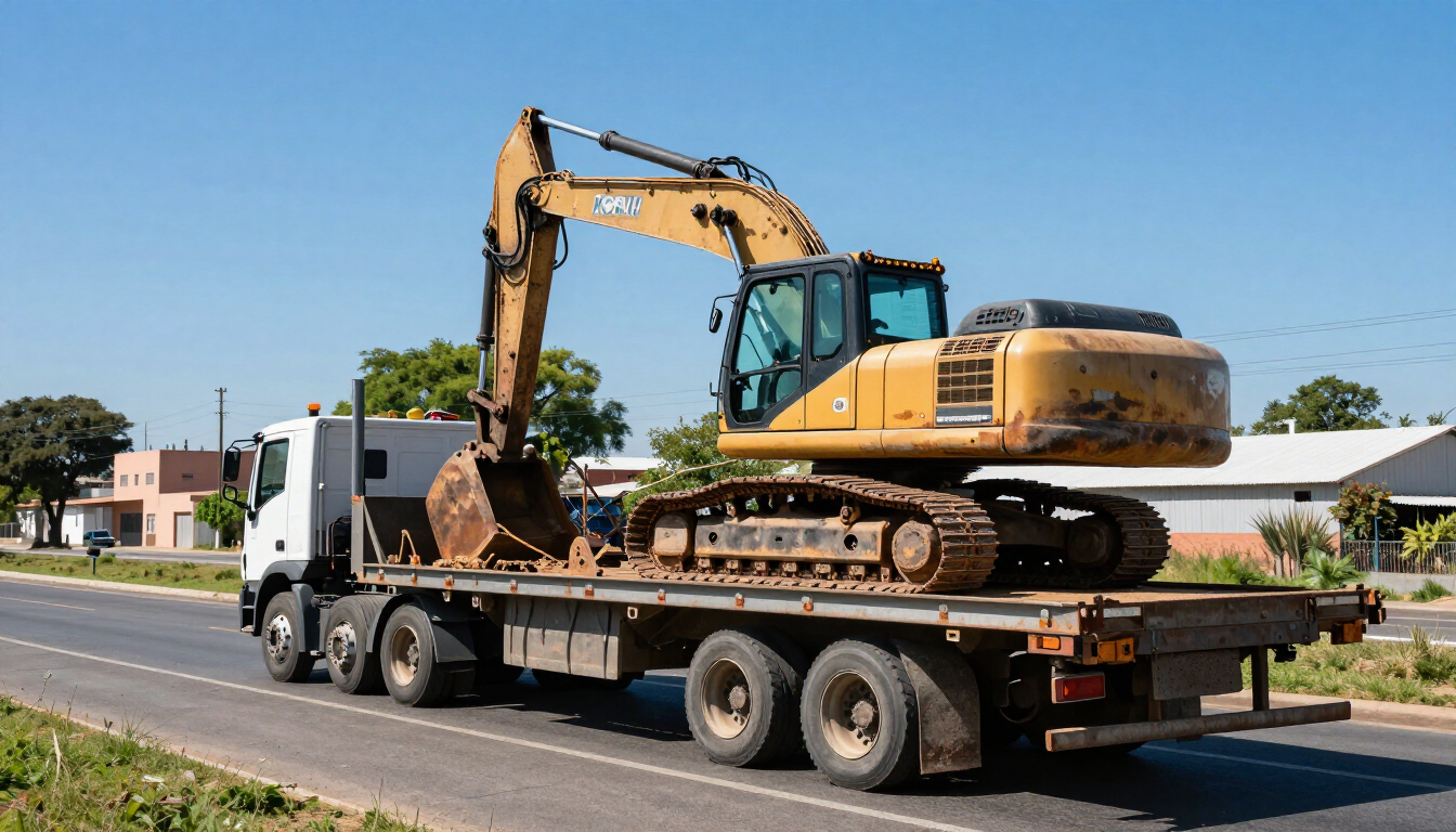 Excavadora amarilla cargada en un remolque de plataforma plana circulando por una carretera en un día soleado.