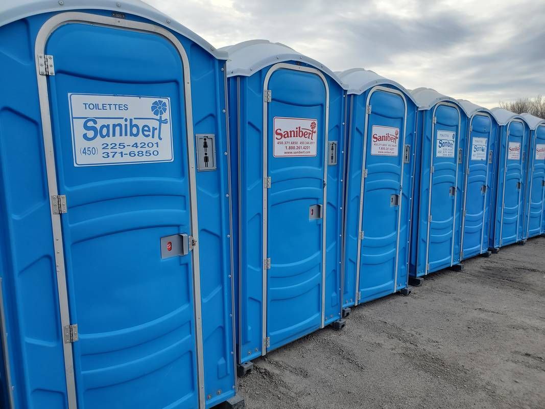 Toilettes portables bleues en rangée, à l'extérieur sous un ciel nuageux.