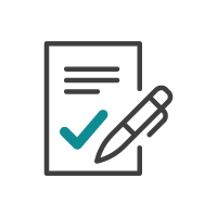 Document avec une coche bleu sarcelle et un stylo, indiquant l'achèvement ou l'approbation.