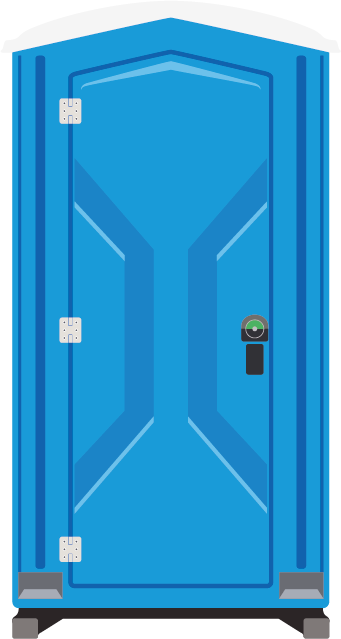 Toilettes portables bleues avec une porte fermée, des charnières blanches et une poignée.