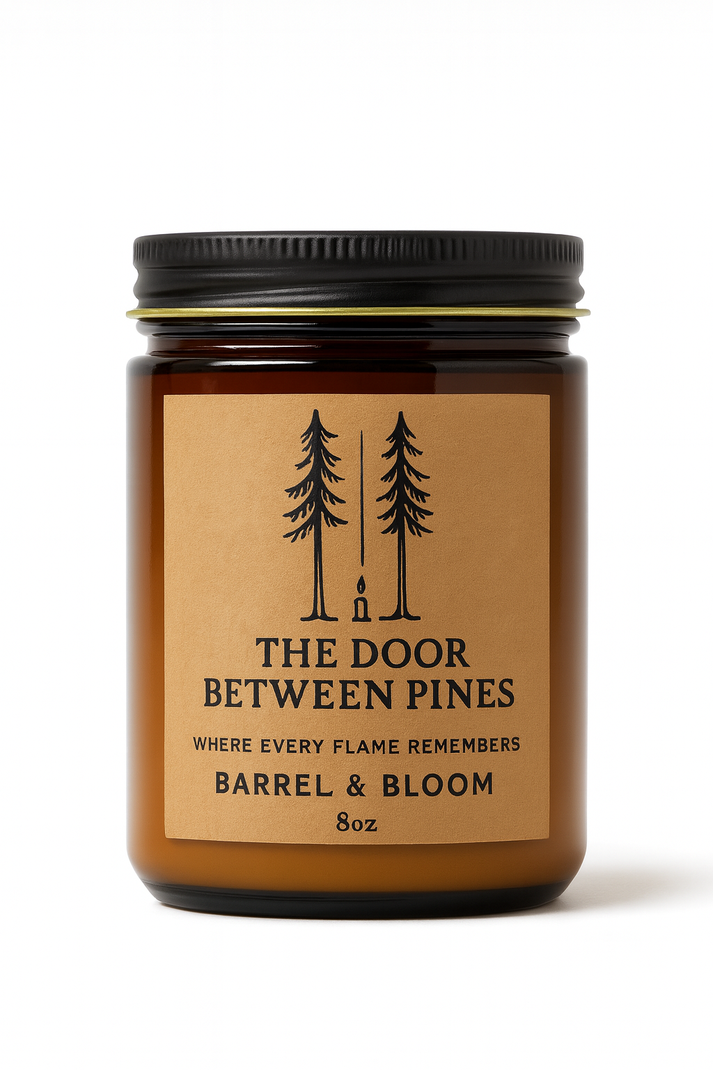 Candle in a brown glass jar with a black lid and a brown label with trees and text: "The Door Between Pines."
