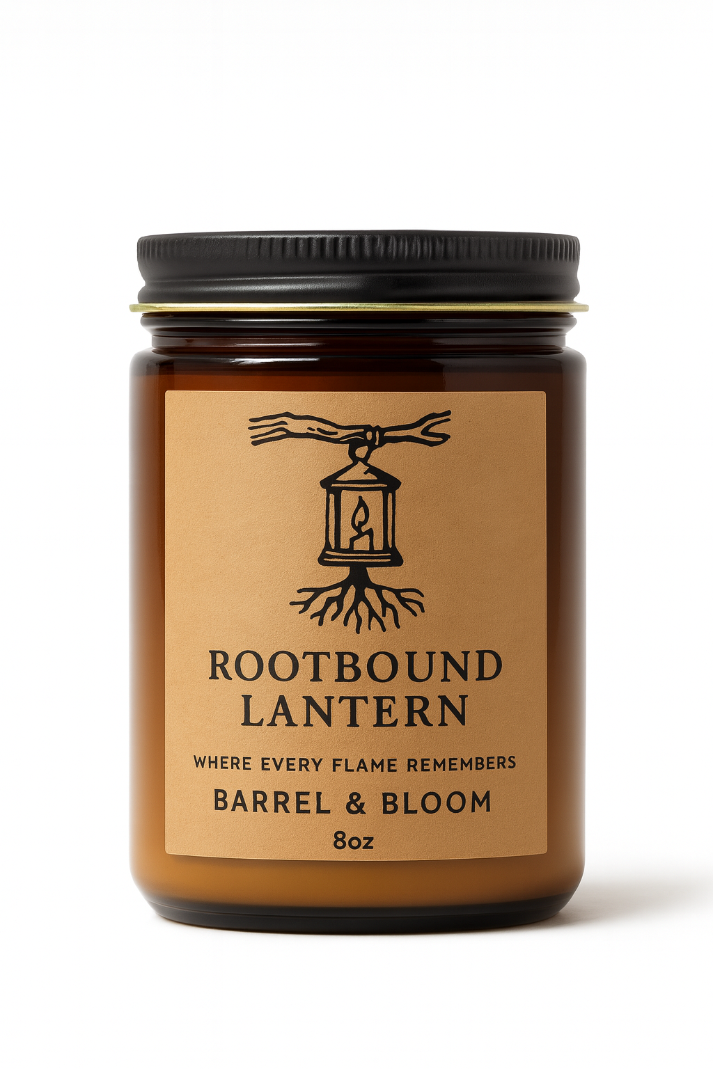 Brown candle jar with a black lid and label;