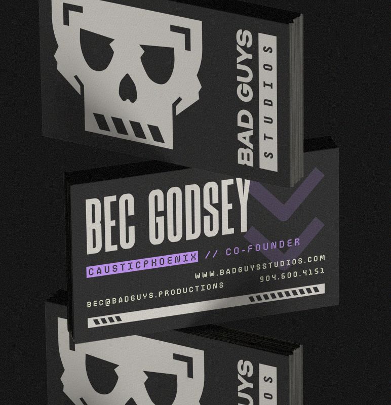 Stylized black-and-white poster for BEC GODSEV/Bad Guys Studio with skull graphics and purple accents