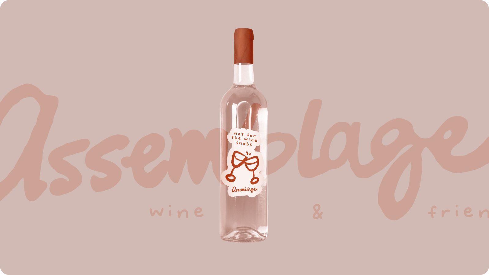 Pink bottle centered on a blush background with large “Assemblage” text behind it