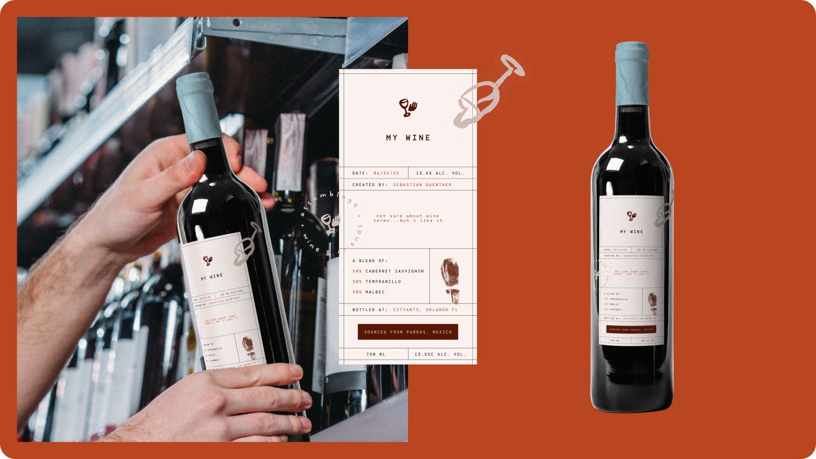 Wine bottle held in hand beside a product label and a standing bottle on an orange background