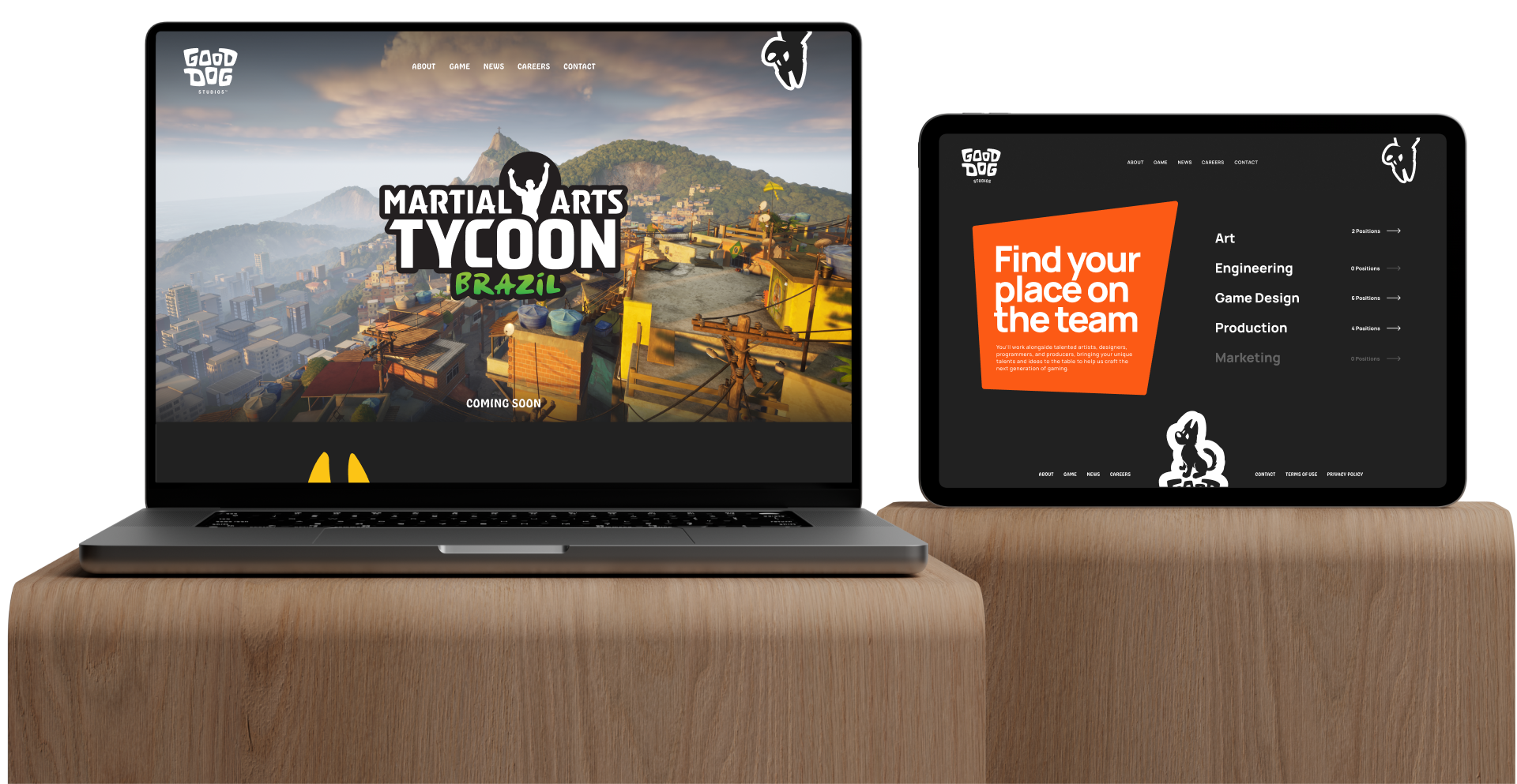 Laptop and tablet displaying a website for the game 