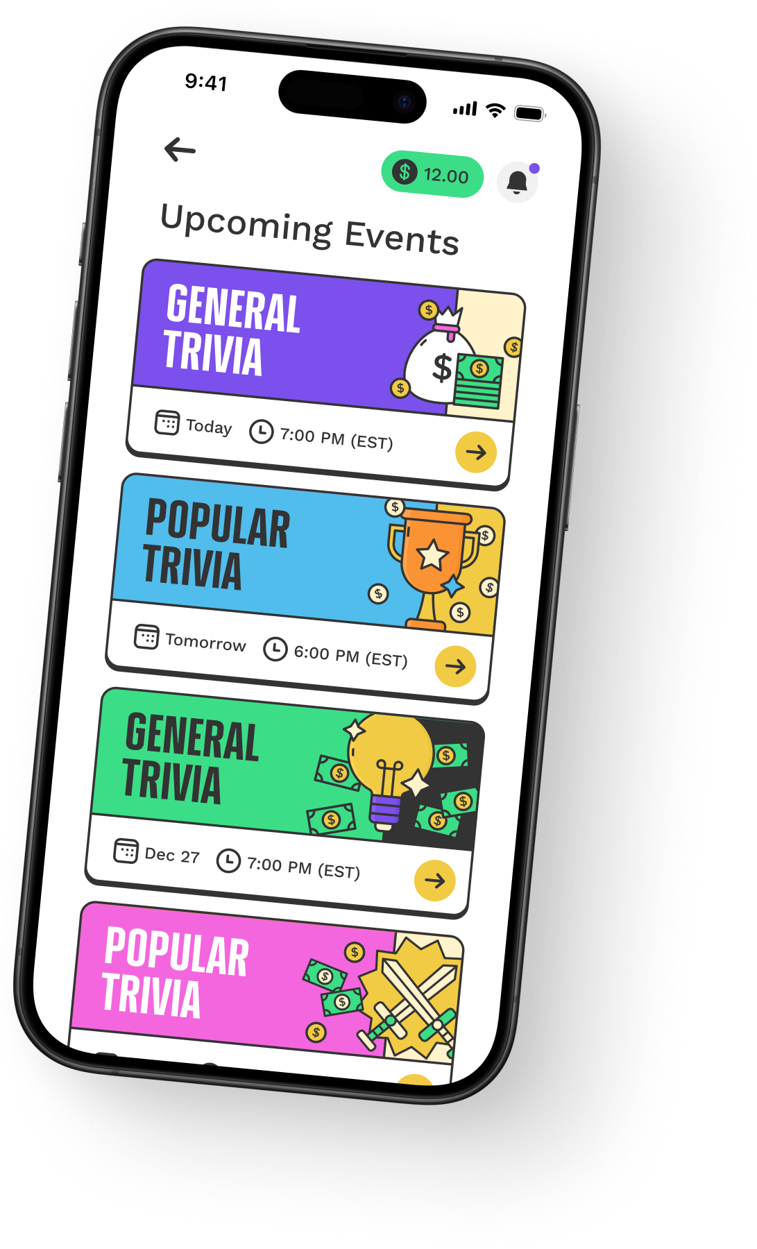 Mobile app screen displaying upcoming trivia events with colorful banners.