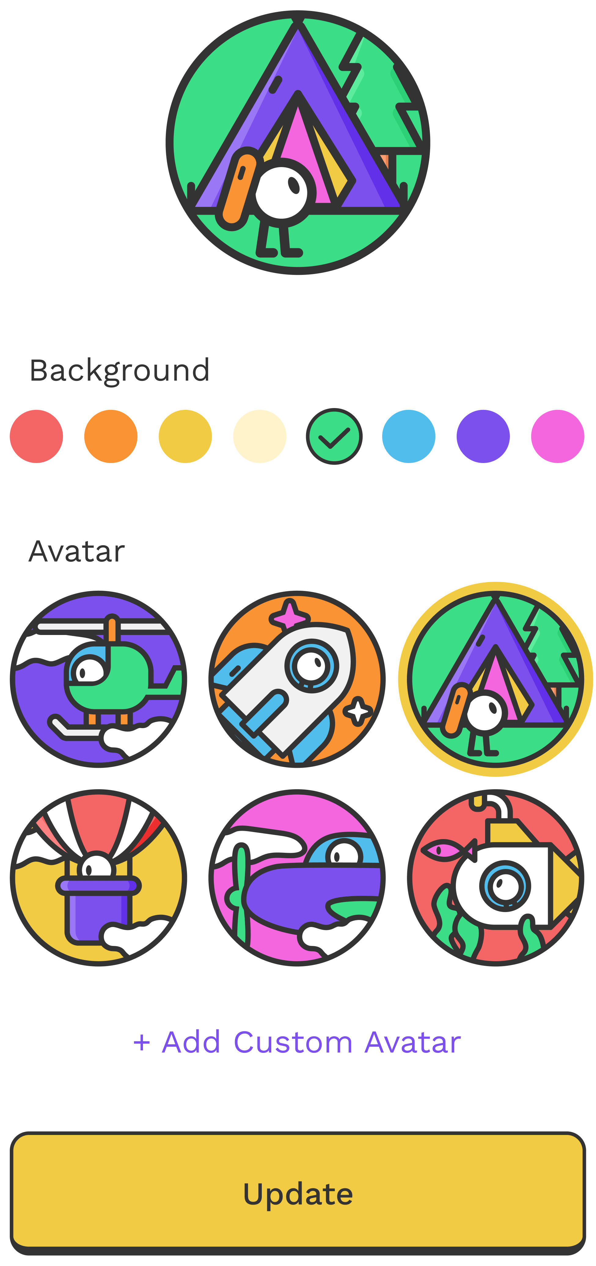 Customizable cartoon character icon with color options and design elements.