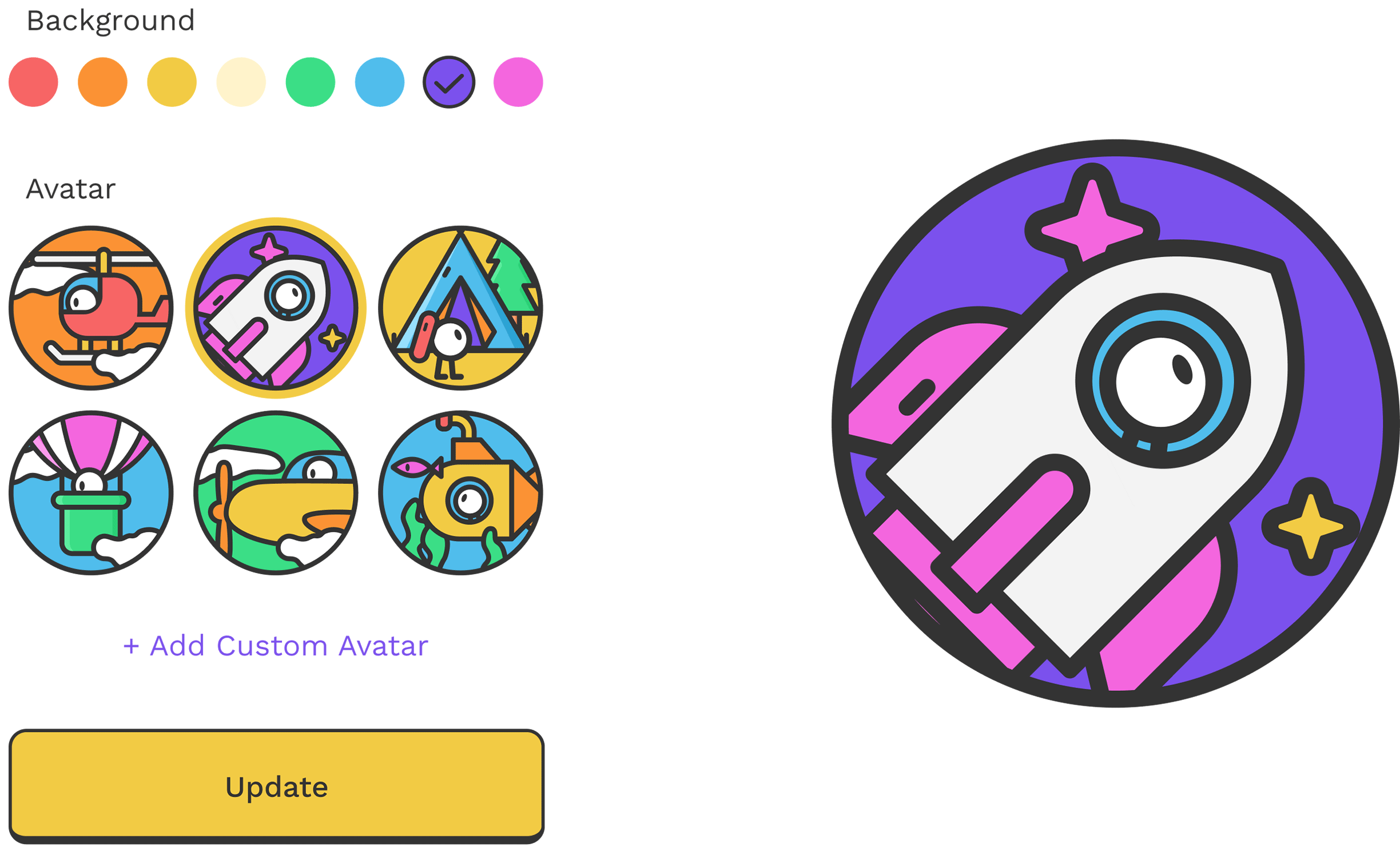 User interface with avatar customization options. 