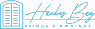 The logo for Hawkes bay blinds and awnings shows a window with shutters on it.