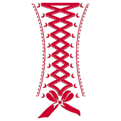Illustration d'un corset rouge à laçage croisé, bords décoratifs et nœud en bas.