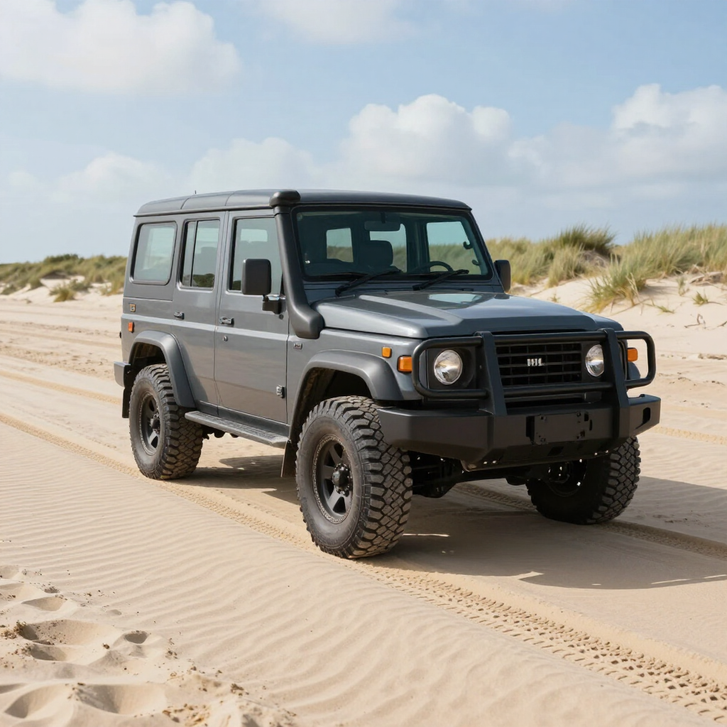 Een grijze 4x4 SUV met offroadbanden en een snorkel rijdt over een zandstrand onder een helderblauwe hemel.