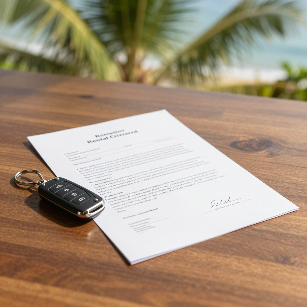 Een autosleutel ligt op een huurcontract dat op een houten tafel staat, met palmbomen op de achtergrond.