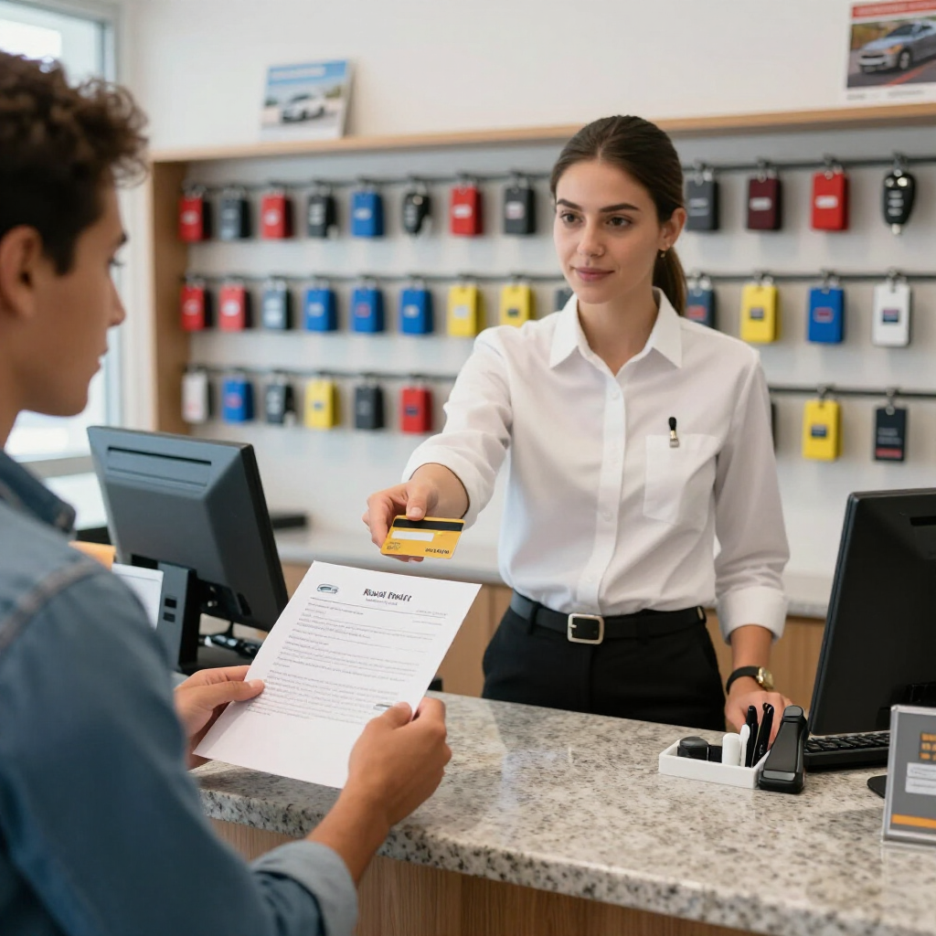 Een medewerker aan de balie van een autodealer overhandigt een creditcard aan een klant die een document vasthoudt.