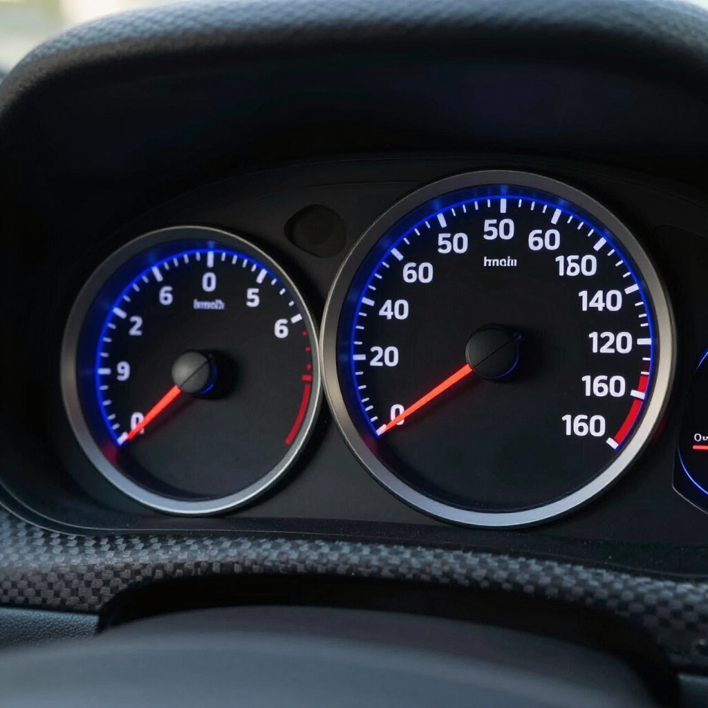 Een autodashboard met twee ronde meters, blauwe sfeerverlichting en rode wijzers op een donkere achtergrond van koolstofvezel.
