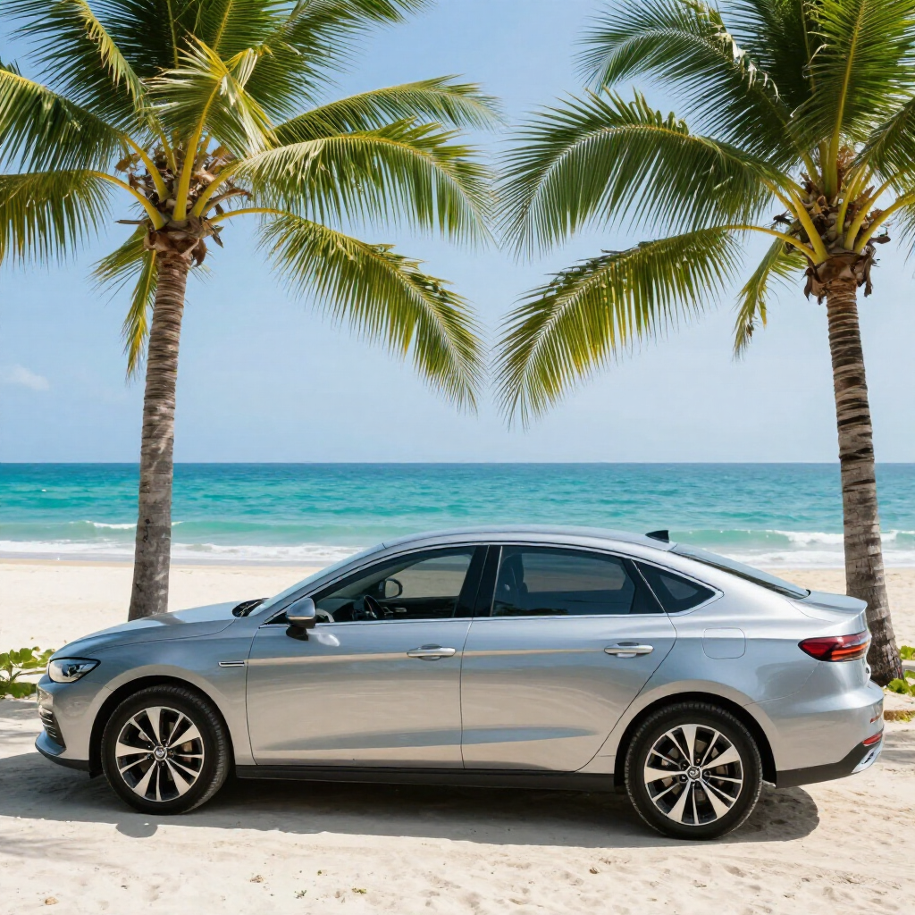 Een zilverkleurige sedan staat geparkeerd op een zandstrand tussen twee palmbomen, vlakbij de oceaan.
