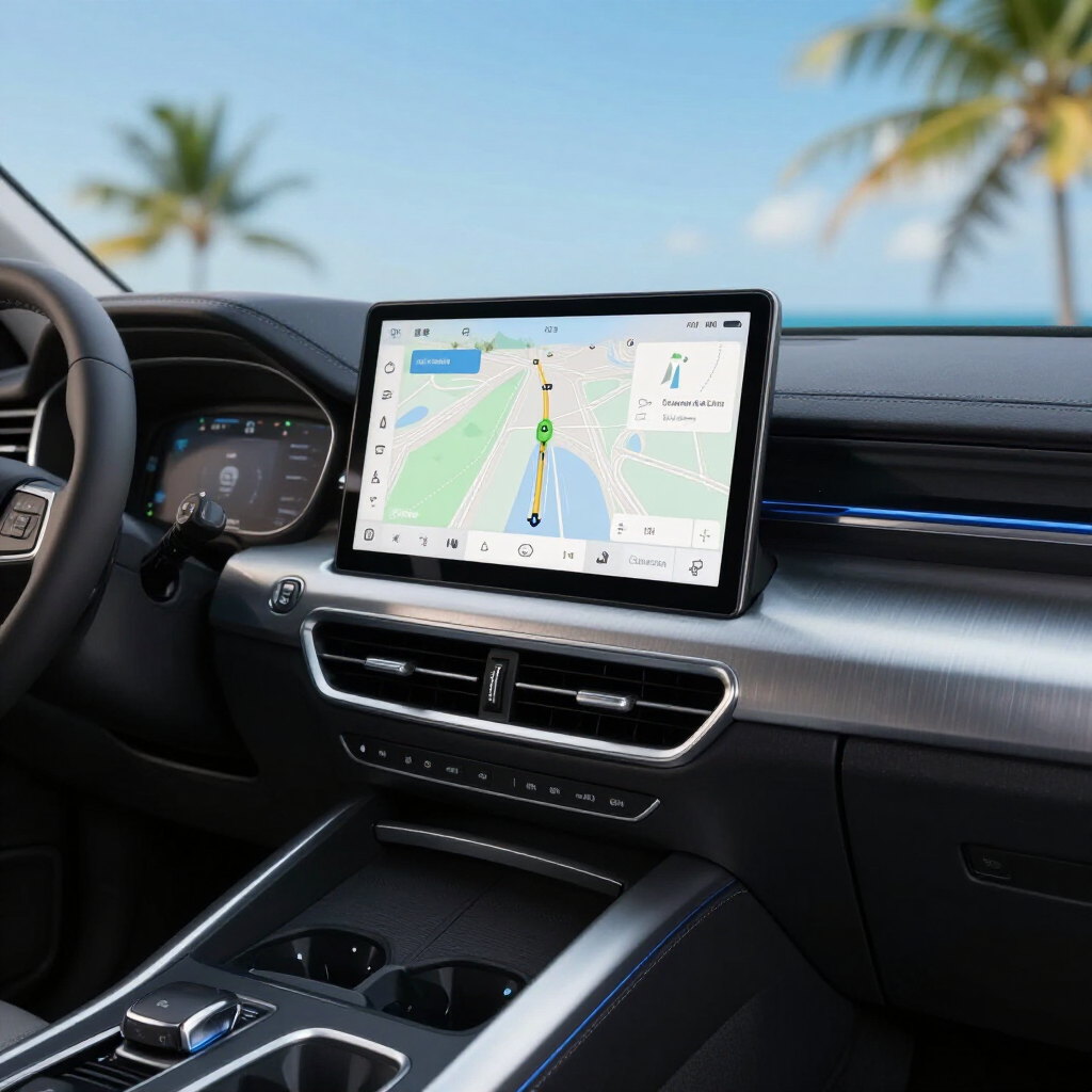 Modern auto-interieur met een navigatiekaart op een groot centraal touchscreen en een digitaal instrumentenpaneel.