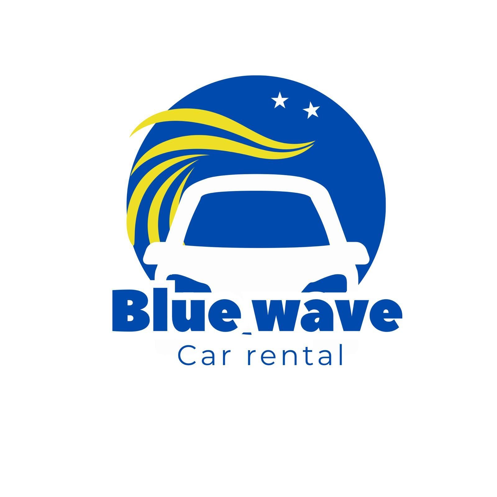 Logo voor Blue Wave Car Rental met een witte autosilhouet en een gele golfgrafiek in een blauwe cirkel.