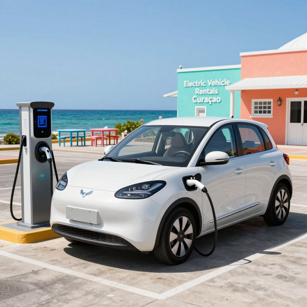 Een witte elektrische auto aangesloten op een laadstation op een zonnige parkeerplaats aan zee, naast een kleurrijk gebouw.