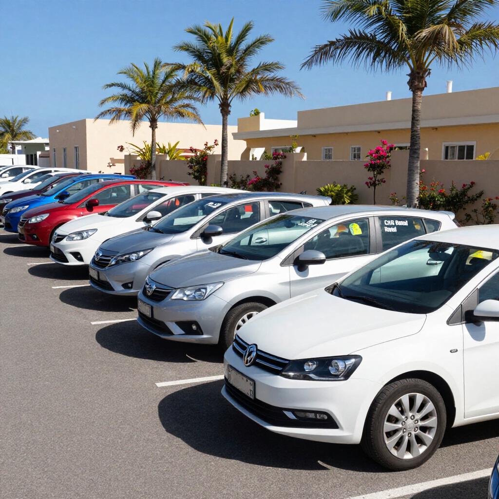 Een parkeerplaats met een rij geparkeerde auto's, waaronder een witte Volkswagen op de voorgrond, naast palmbomen en gebouwen.