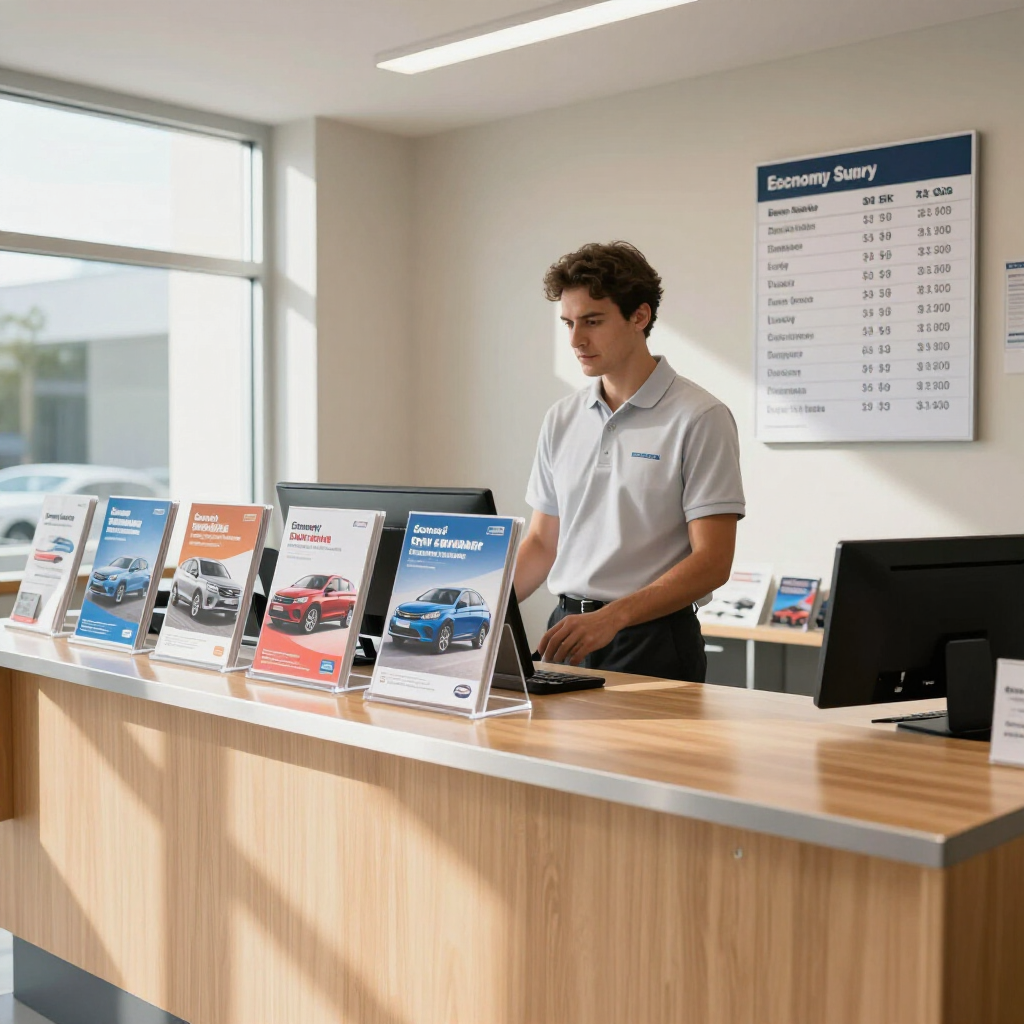 Een persoon in een lichtgrijs poloshirt staat achter een houten servicebalie bij een autodealer en werkt op een computer.