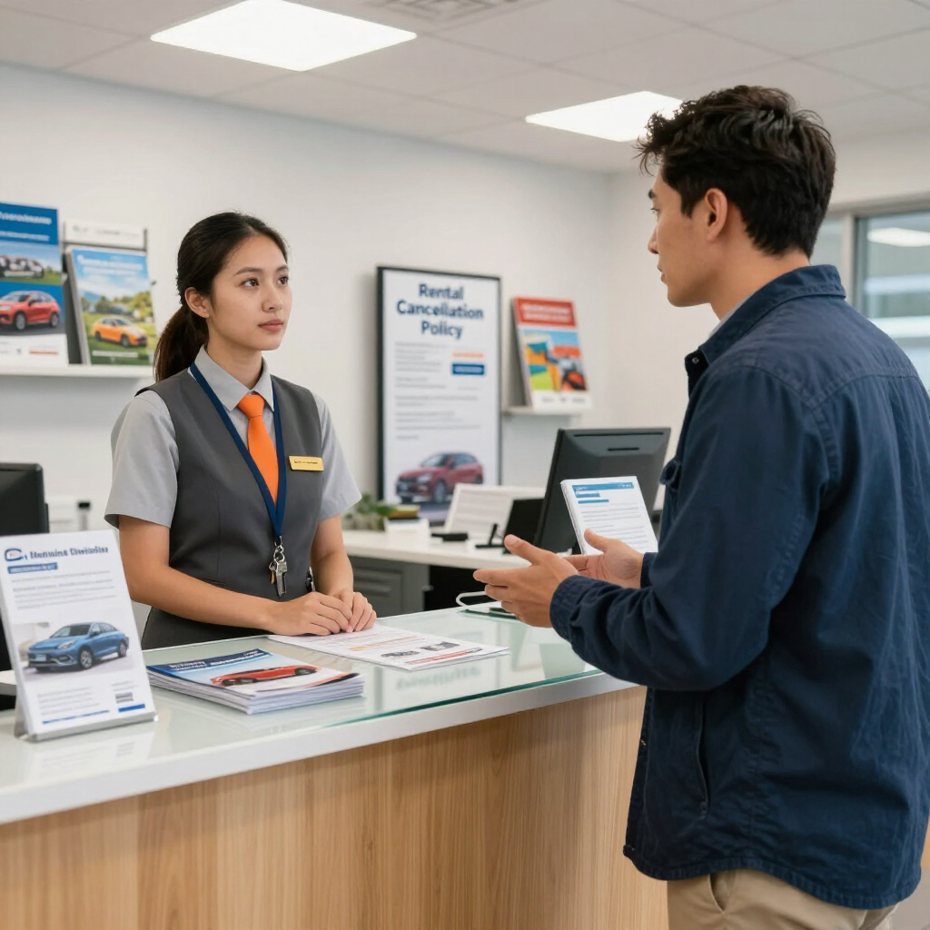 Een medewerker in uniform staat achter een balie en luistert terwijl een klant gebaart en spreekt in een autoverhuurkantoor.