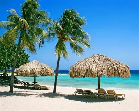Twee rieten parasols met ligstoelen op het witte zand onder palmbomen, tegen een helderblauwe hemel en een turquoise oceaan.
