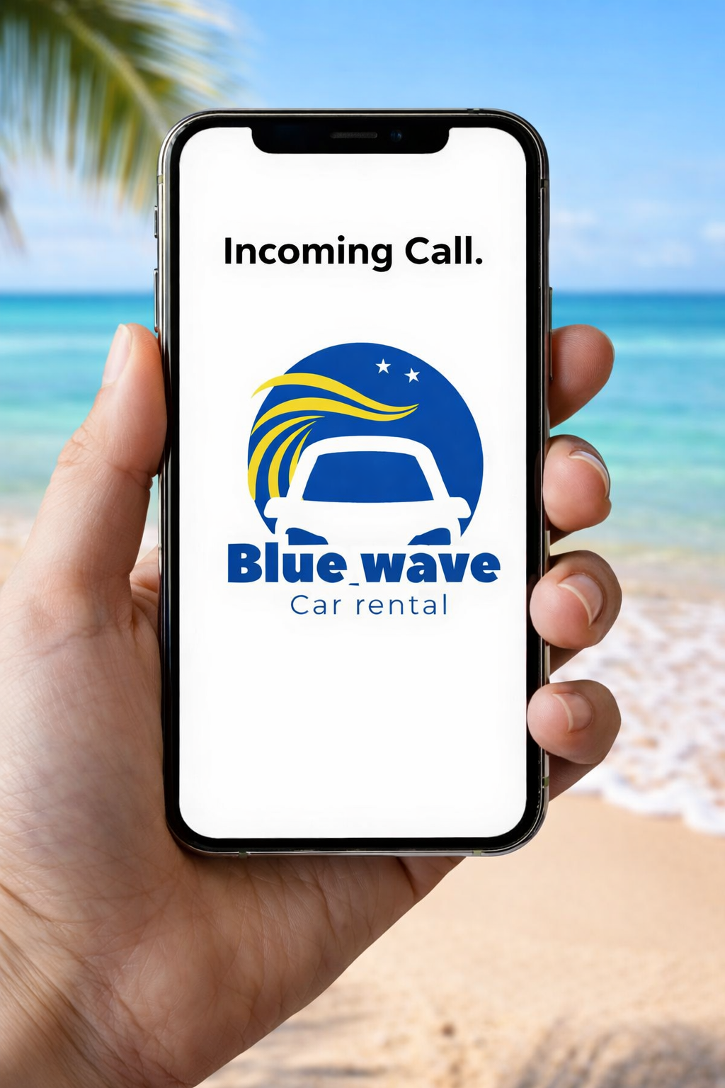 Een hand houdt een smartphone vast waarop een inkomend oproepscherm van Blue Wave Car Rental te zien is, met een tropisch strand op de achtergrond.