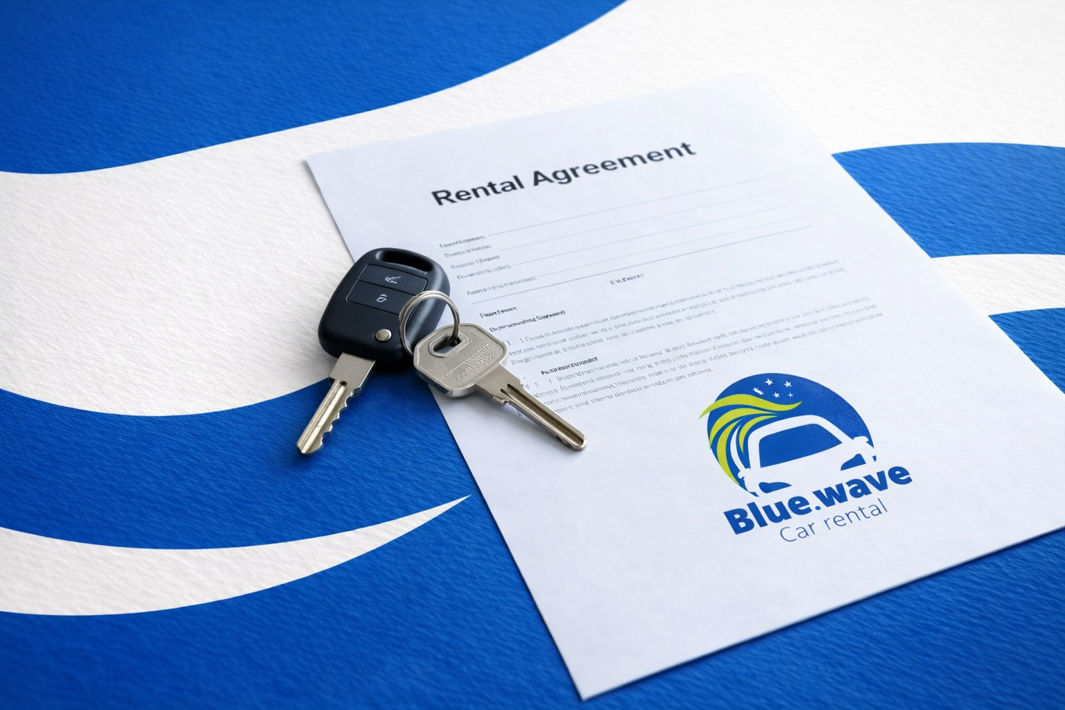 Een set autosleutels ligt op een Blue Wave-huurovereenkomst, die is geplaatst tegen een golvende blauw-witte achtergrond.
