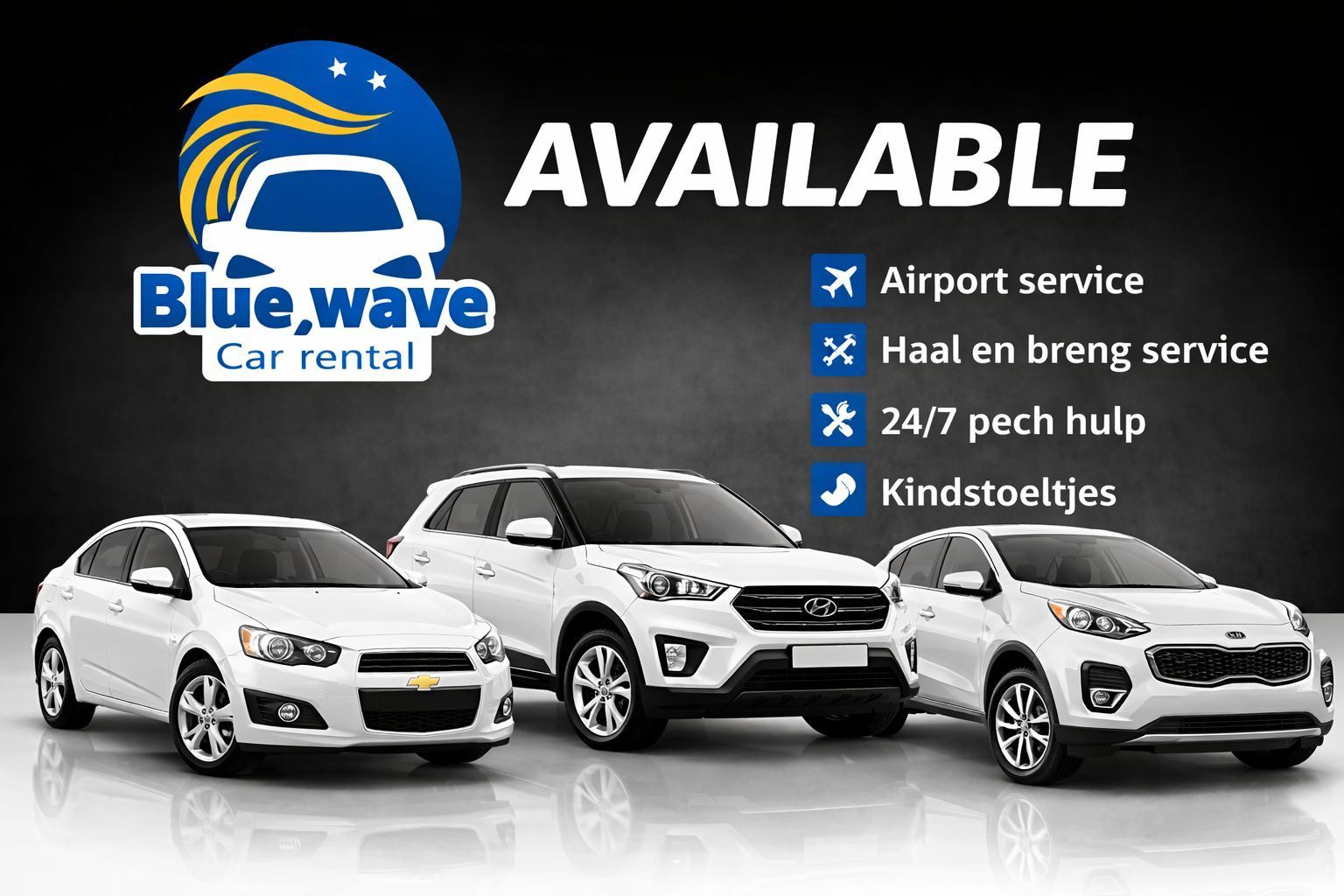 Advertentie van Blue Wave Car Rental met drie witte auto's en een lijst met diensten, waaronder luchthavenvervoer en 24/7 hulp.