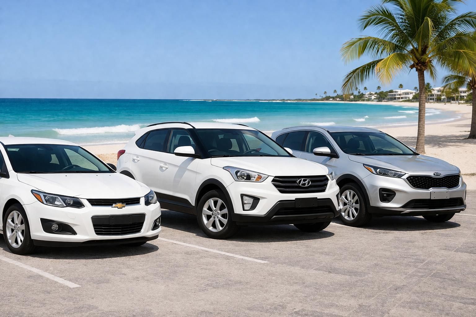 Drie auto's – een witte sedan, een witte SUV en een zilveren SUV – staan ​​geparkeerd op een parkeerplaats bij een strand met palmbomen en de oceaan.
