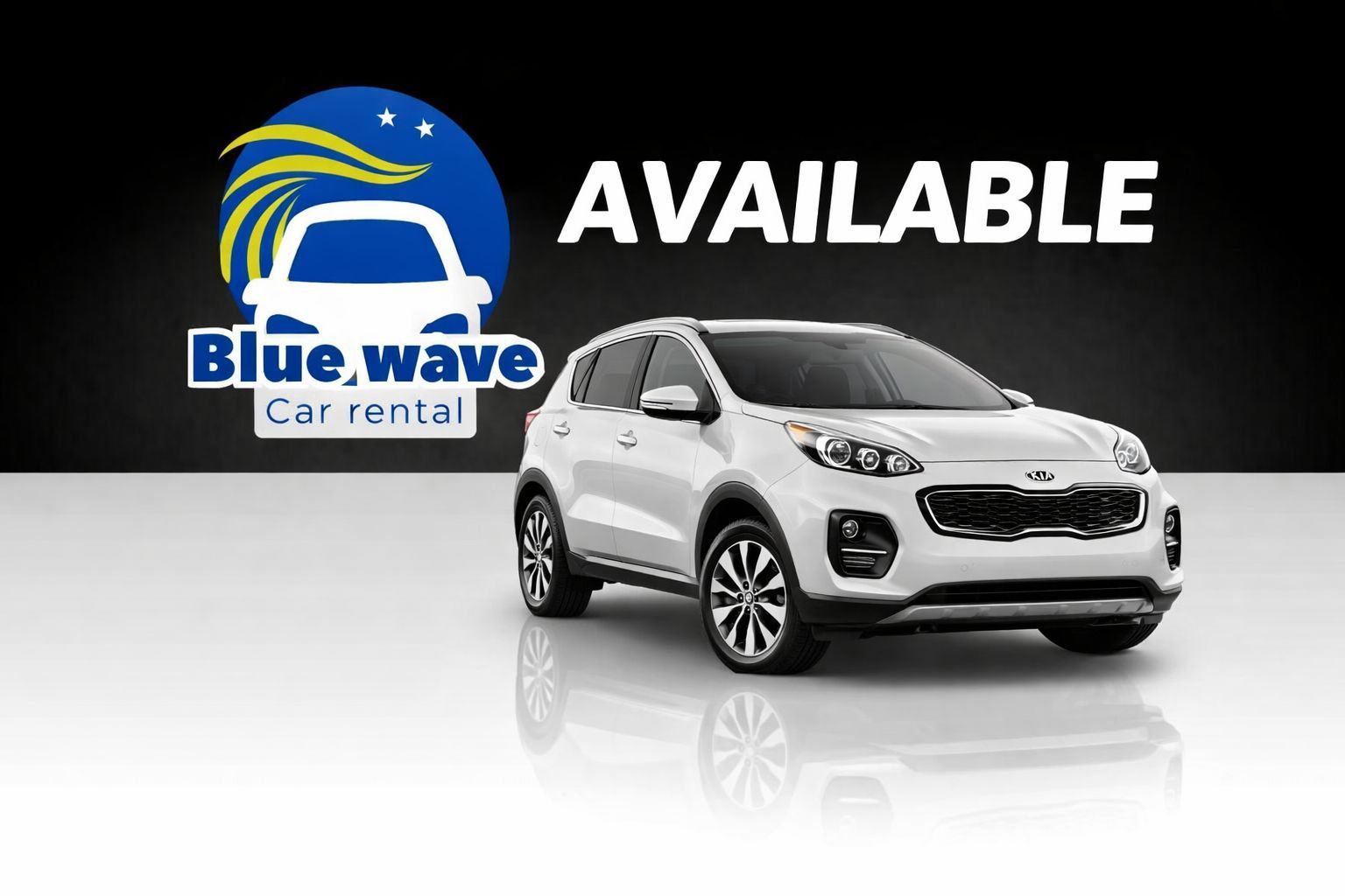 Een witte Kia Sportage SUV te huur bij Blue Wave Car Rental, afgebeeld tegen een donkere achtergrond met het woord 'BESCHIKBAAR'.