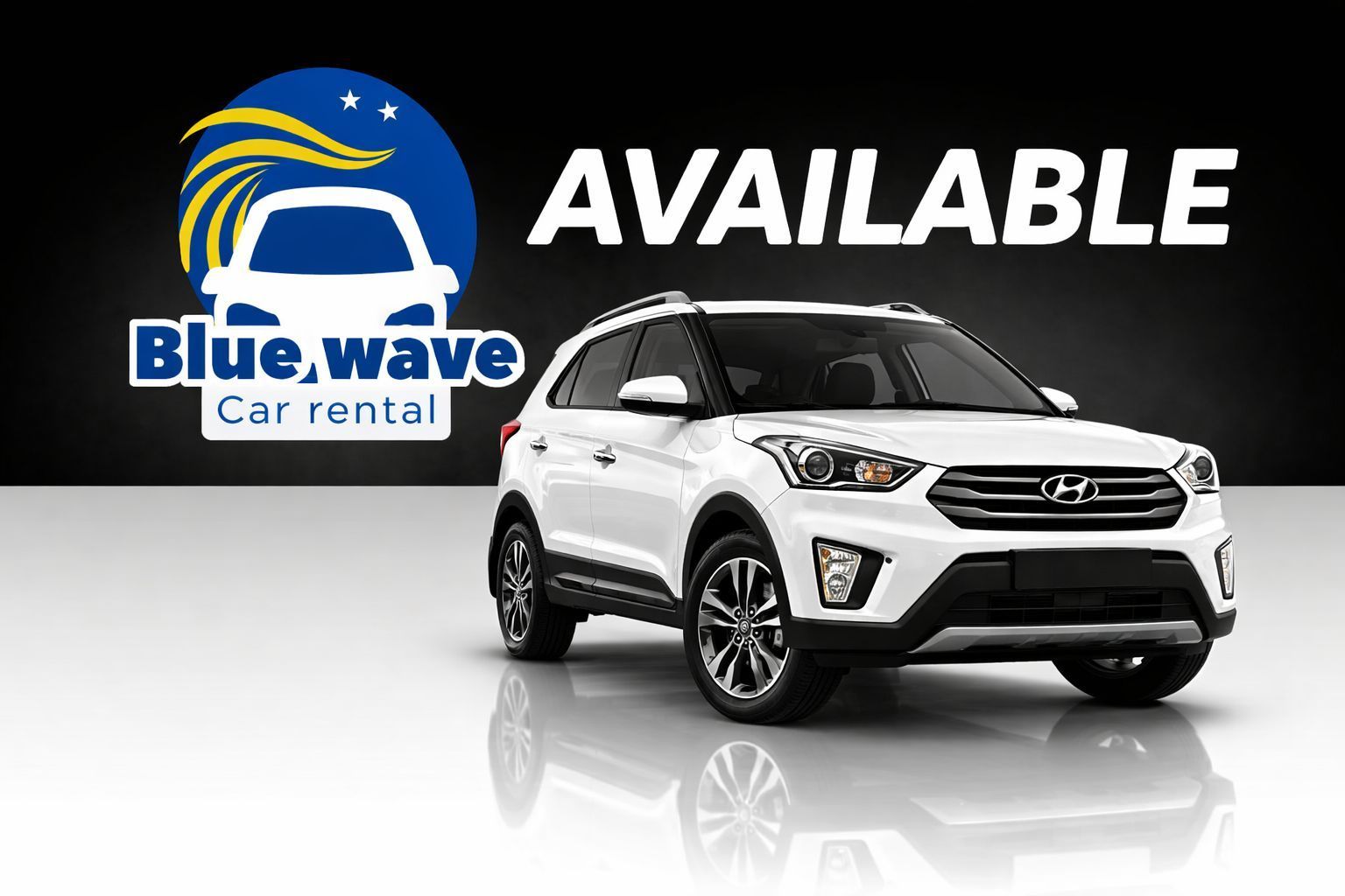 Een witte Hyundai SUV met een Blue Wave Car Rental-logo en de tekst 