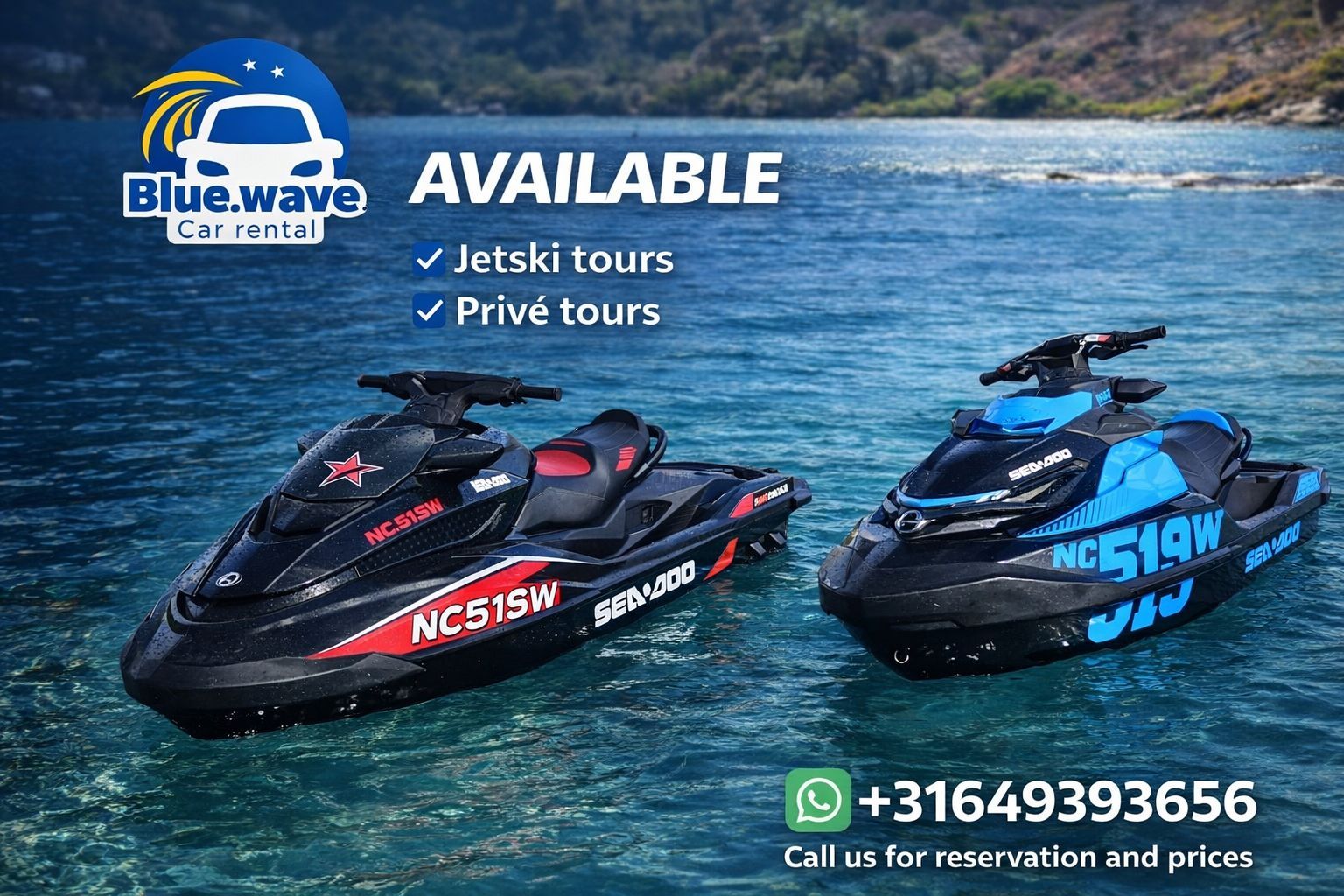 Twee jetski's op het water in een advertentie van Blue Wave verhuur, inclusief contactgegevens.