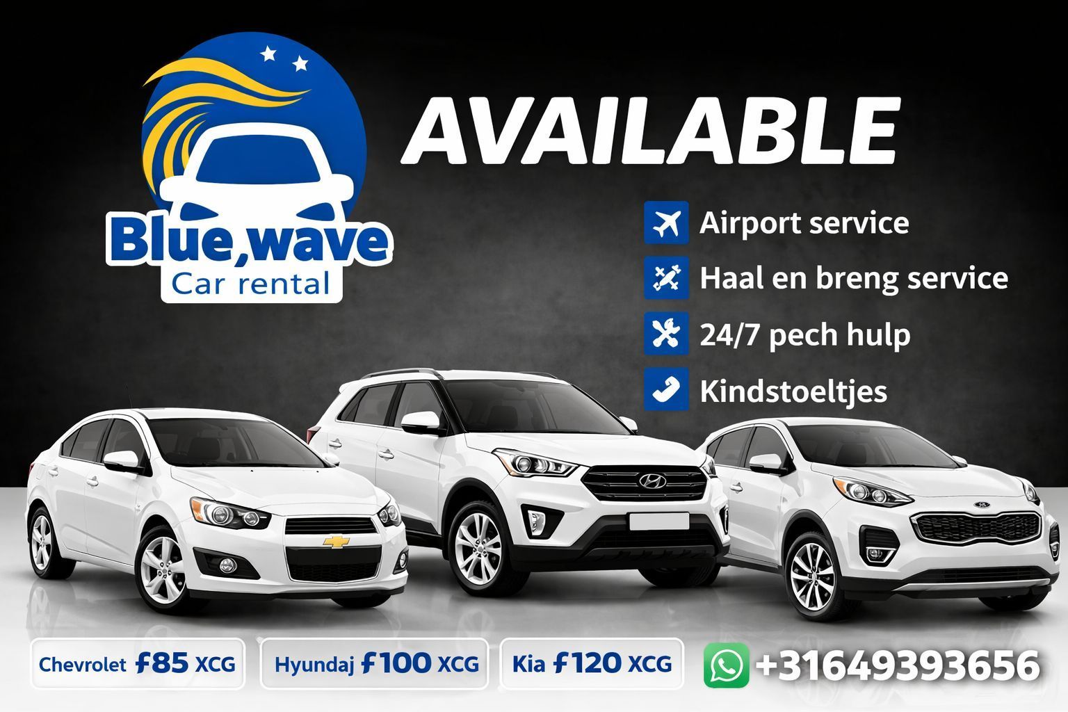 Advertentie van Blue Wave Car Rental met drie witte auto's, een lijst met aangeboden diensten, prijzen en een WhatsApp-contactnummer.