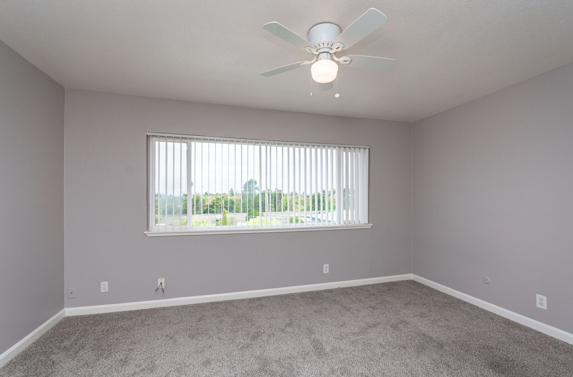 Empty gray bedroom with carpet, ceiling fan, and a window with vertical blinds