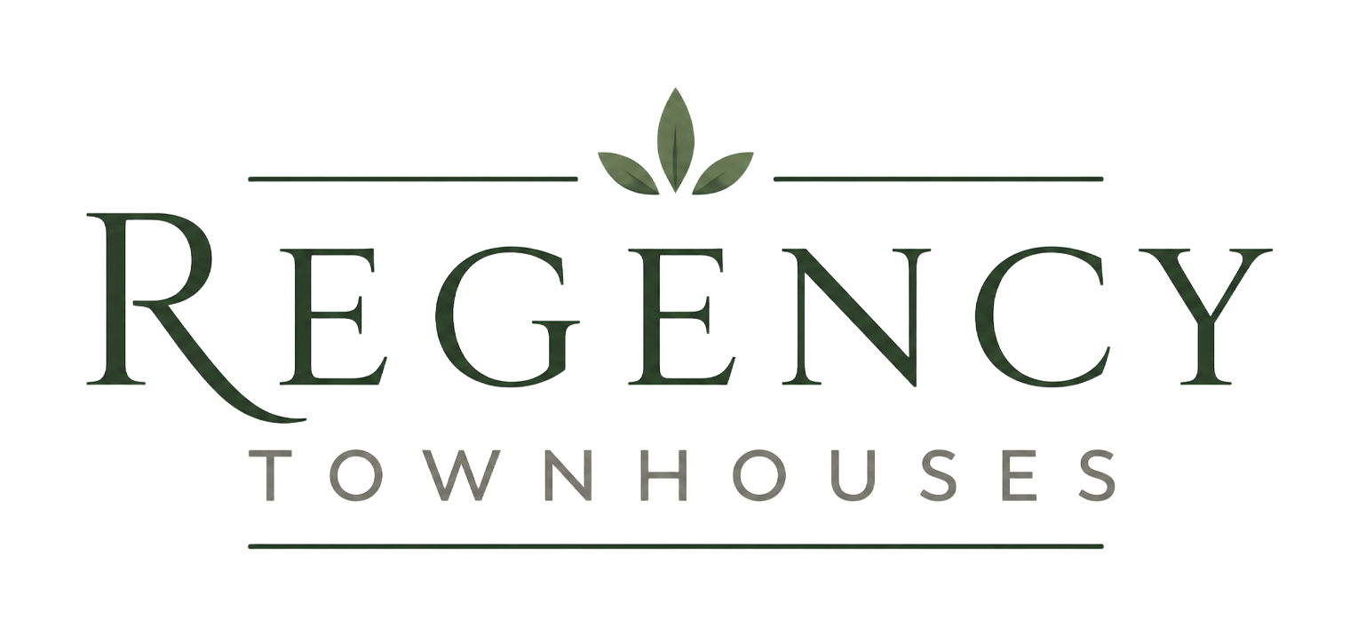 Regency Townhouses logo with green leaf icon and gray serif text
